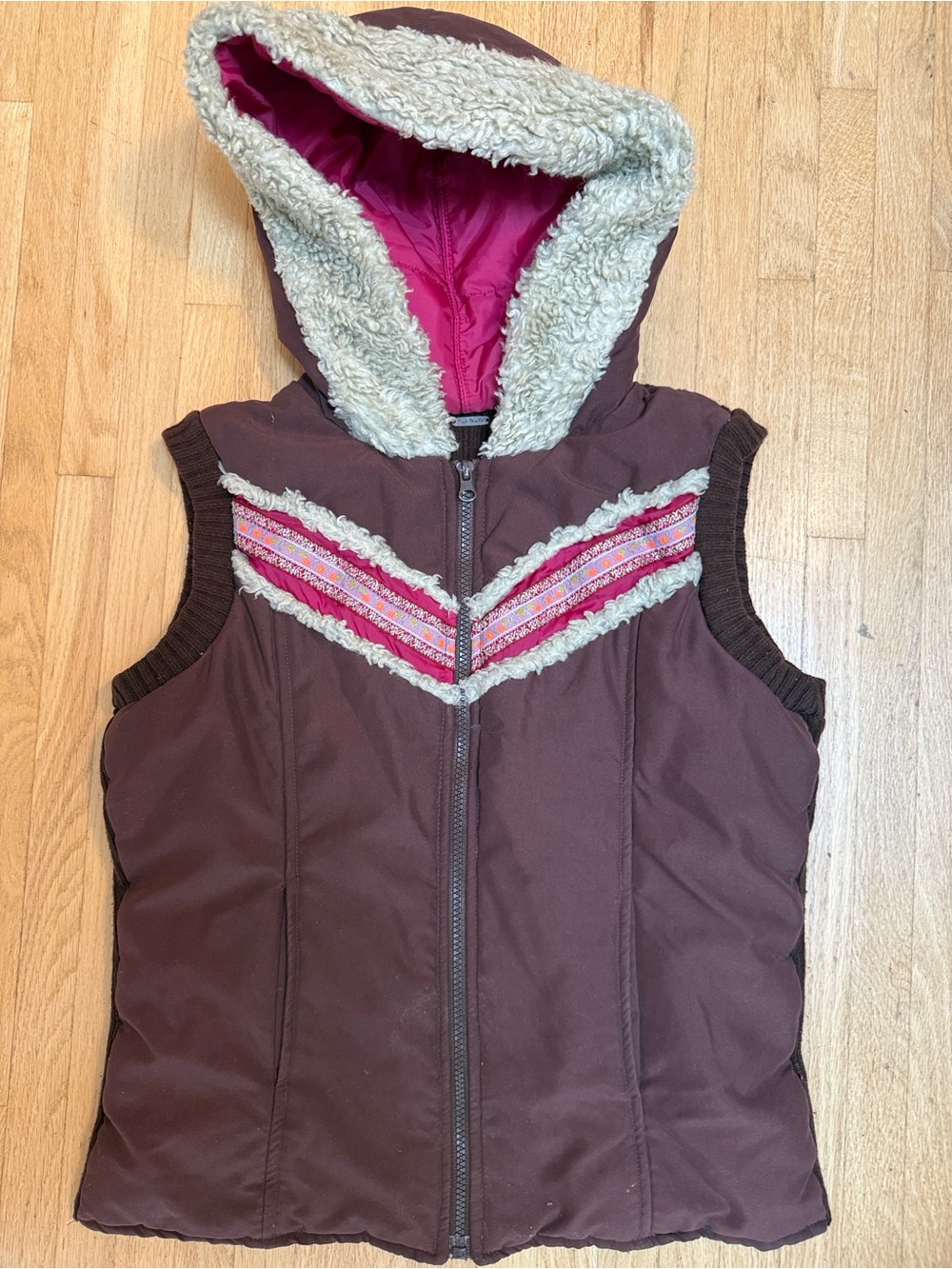 Free People Brown Quilted Hooded Vest with Pink Trim